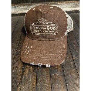 Created By God Built For Purpose Hat Unisex Brown Ball Cap OSFM Distressed Look